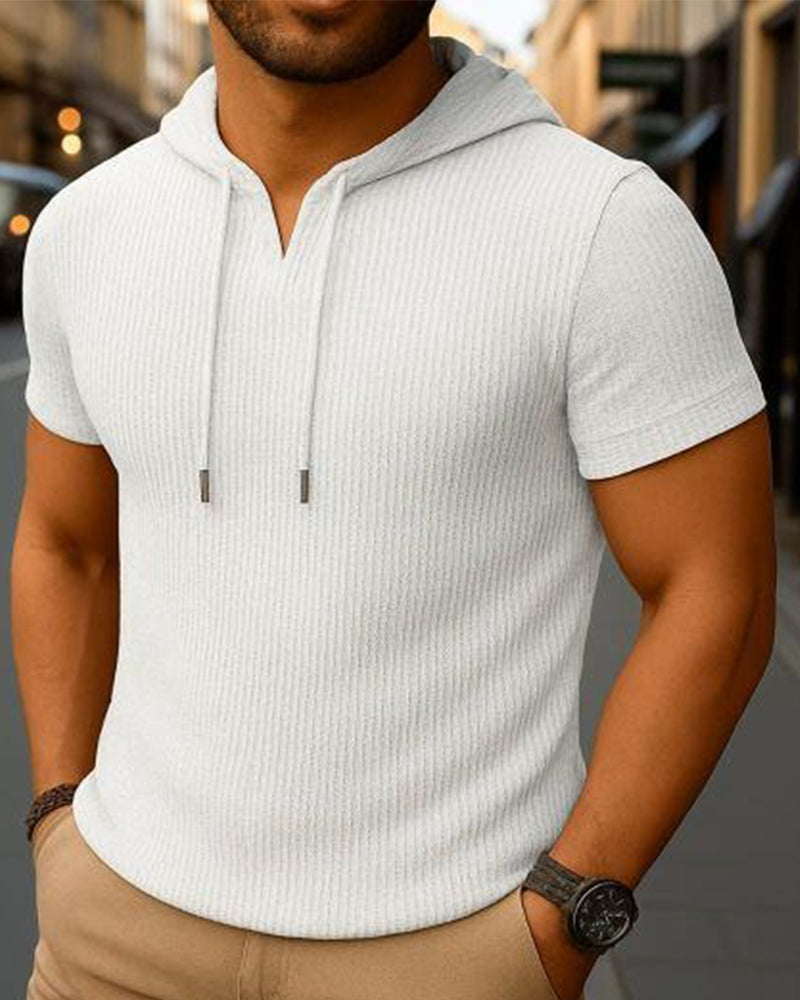 T-Shirt V-Hals Spleet Verticale Streep Korte Mouw Hoodie