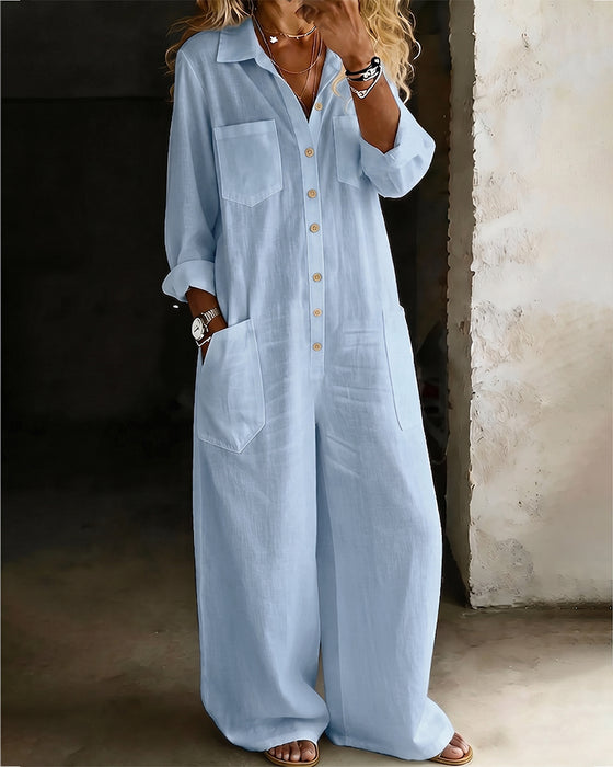 Jumpsuit 100% Katoen Omslagkraag Casual Wijd Pijp