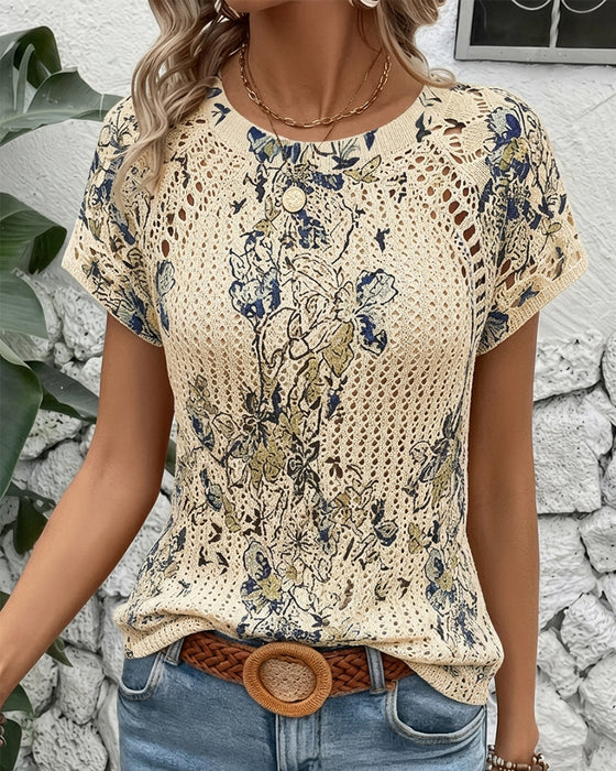 Pullover Korte Mouw Opengewerkte Print