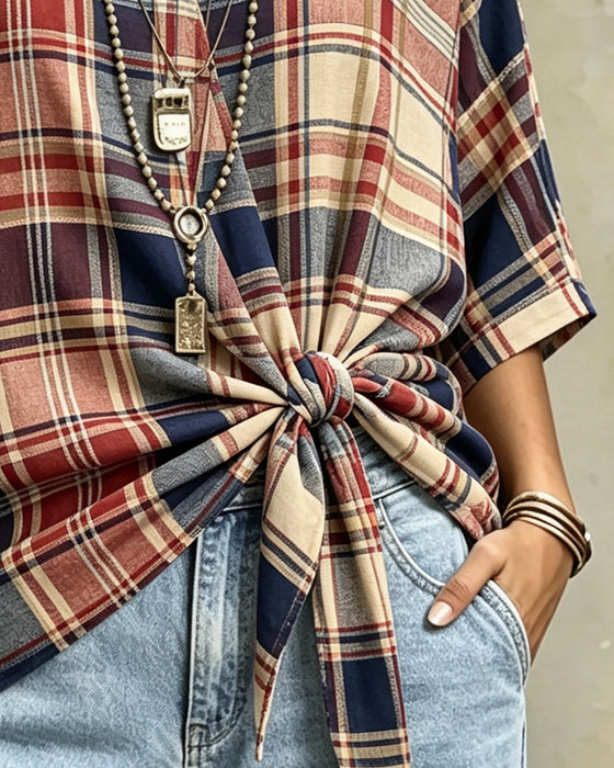 Blouse V-Hals Voorknoop Ruit 3/4-Mouw
