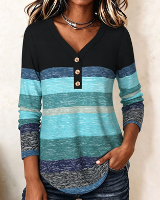 Top V-hals Knoopsluiting Gestreept Contrast