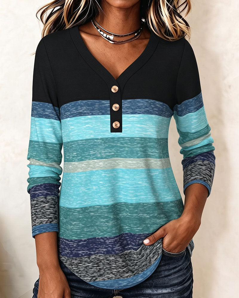 Top V-hals Knoopsluiting Gestreept Contrast