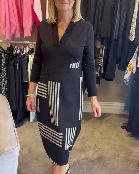Jurk Geometrische Streep V-Hals Bodycon Midi