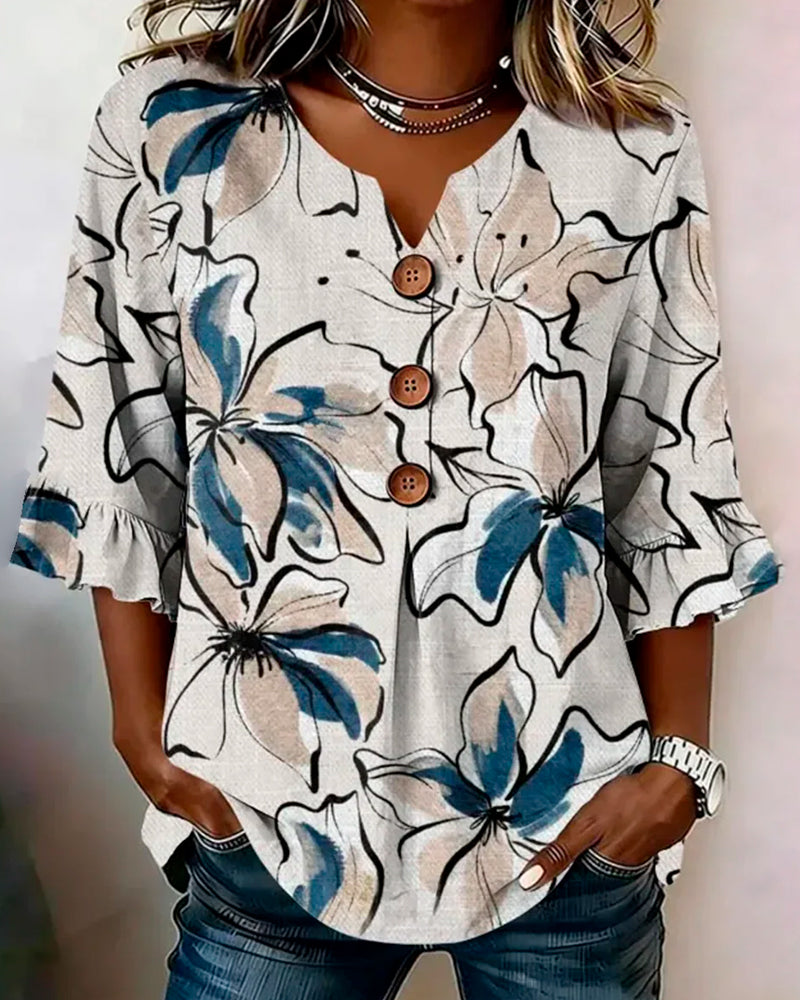 Blouse V-Hals Bloemen Ruche 3/4-Mouw