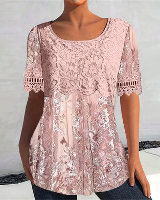 T-shirt Wijde Kraag Korte Mouw Kant Patchwork