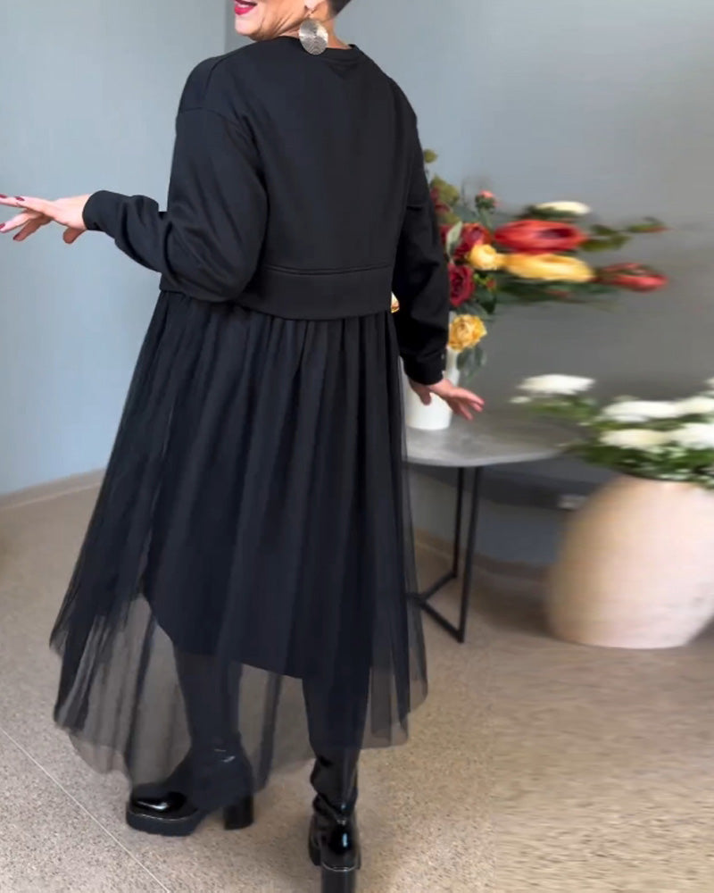 Effen kleur elegante jurk met onregelmatige mesh-stiksels