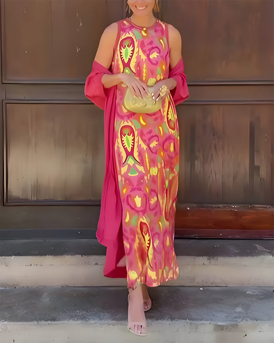 Set Mouwloze Lange Jurk Met Lange Vest