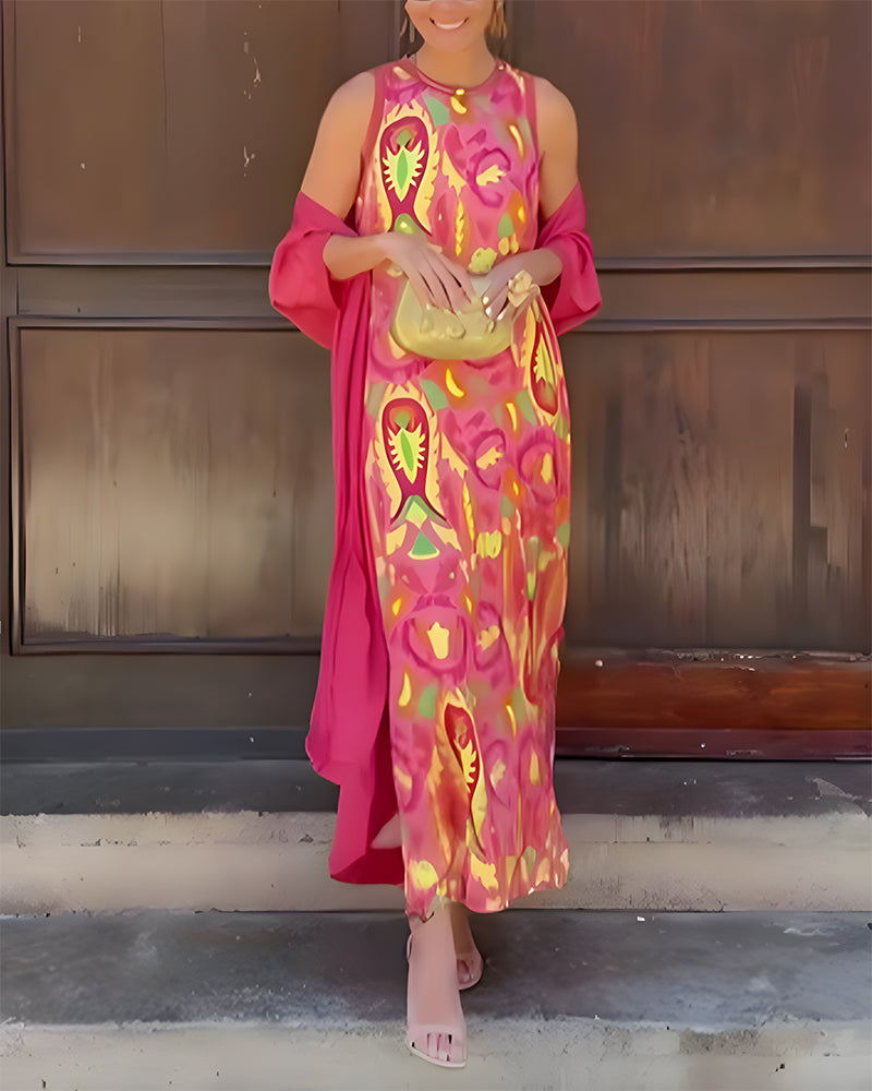 Set Mouwloze Lange Jurk Met Lange Vest