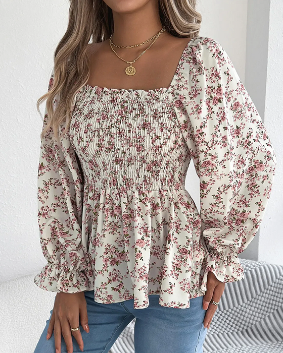Blouse Vierkante Hals Gerimpeld Bloemig Ruffle