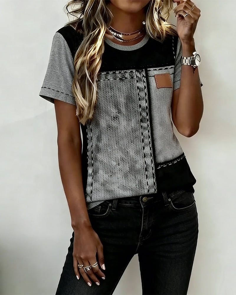 T-Shirt Color-Block Inzet Ronde Hals Korte Mouw