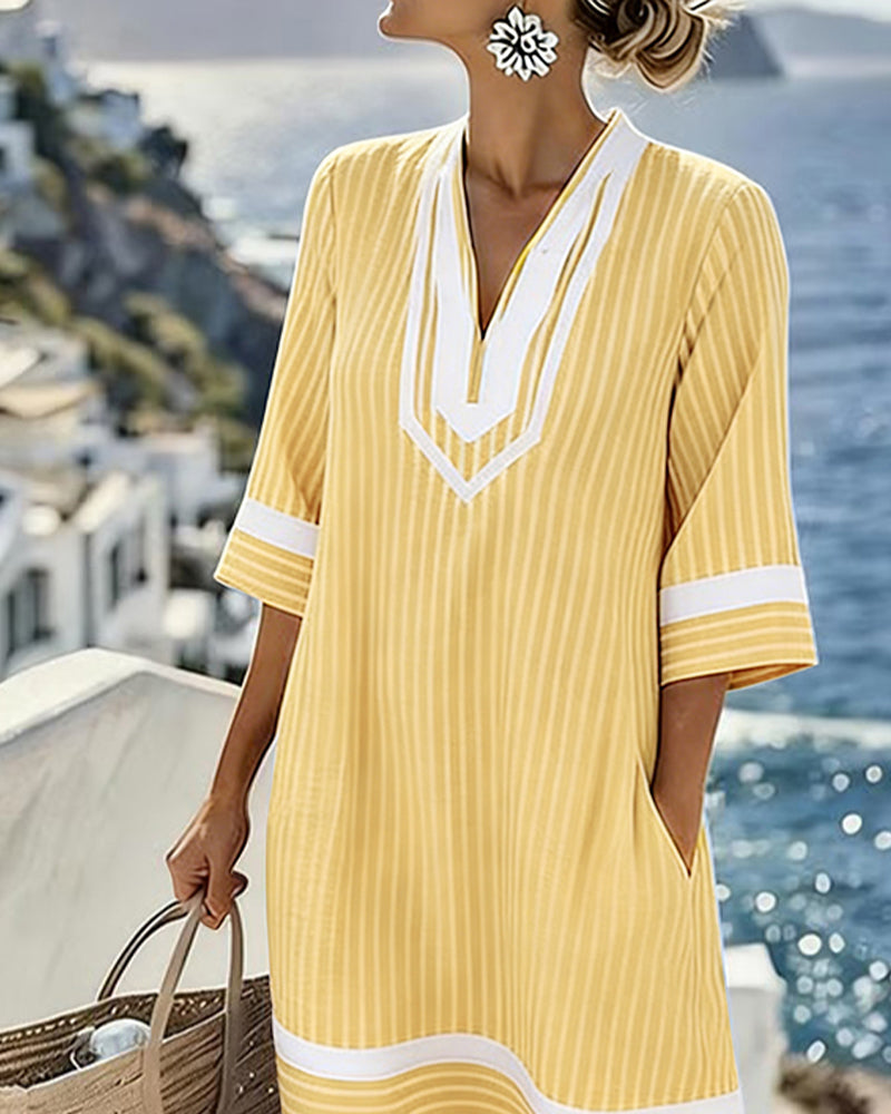Jurk V-Hals Korte Mouw Gestreept
