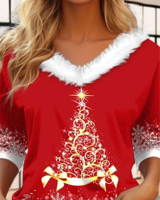 Pluche top met v-hals en kerstboomprint