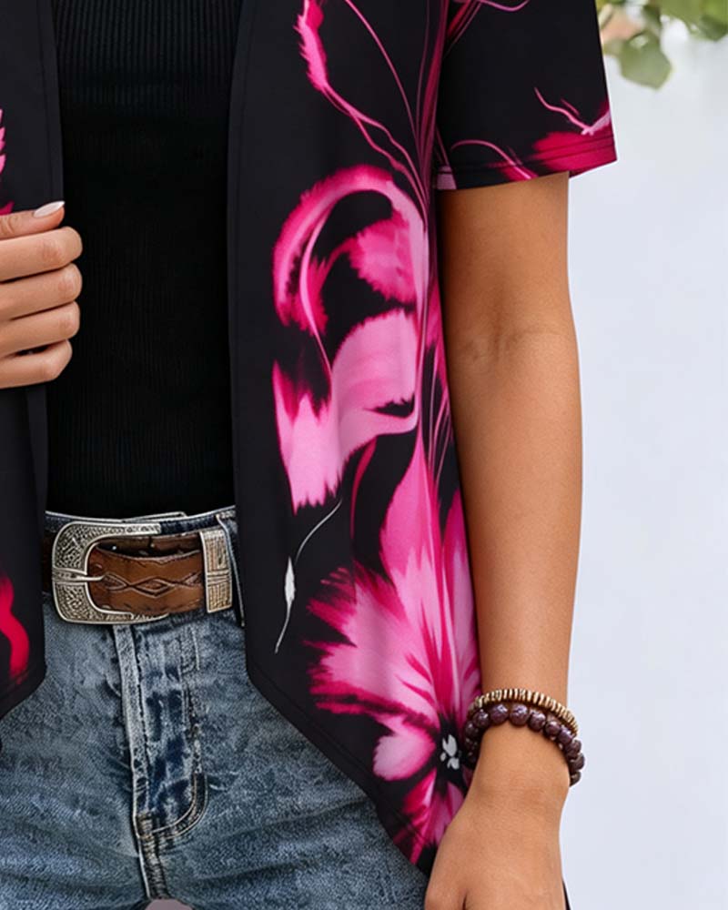 Blouse Zwarte Basis Roze Rood Bloemen