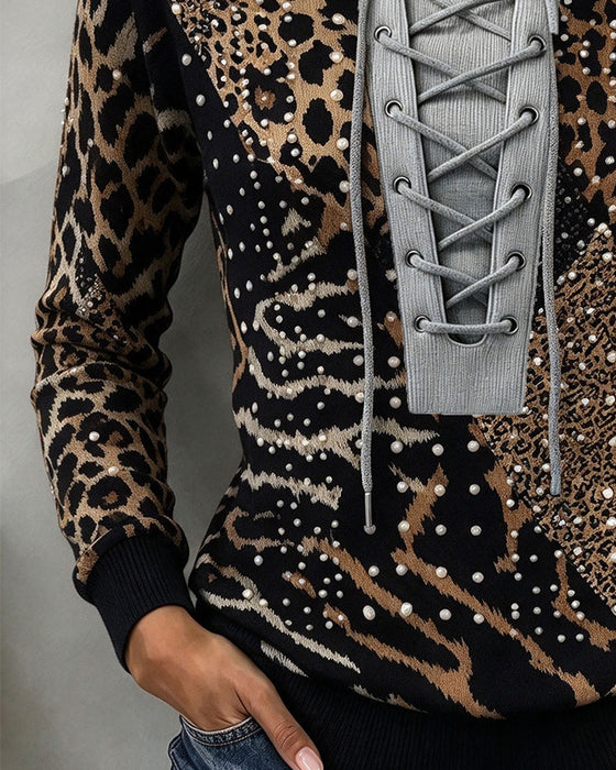 Sweatshirt Strik Luipaard Patchwork Getailleerd