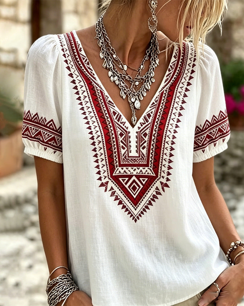 Blouse V-Hals Bohemien Ballon Mouw