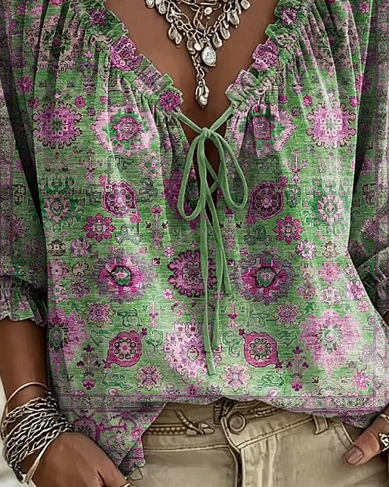 Blouse V-Hals Strik Vintage Print