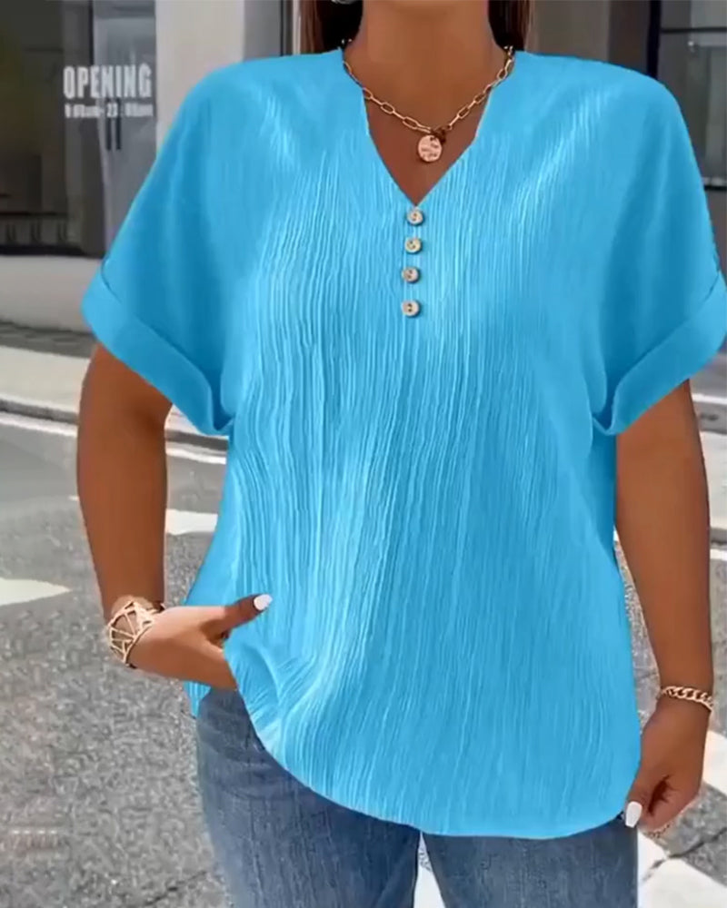 T-Shirt V-Hals Los Gestructureerd