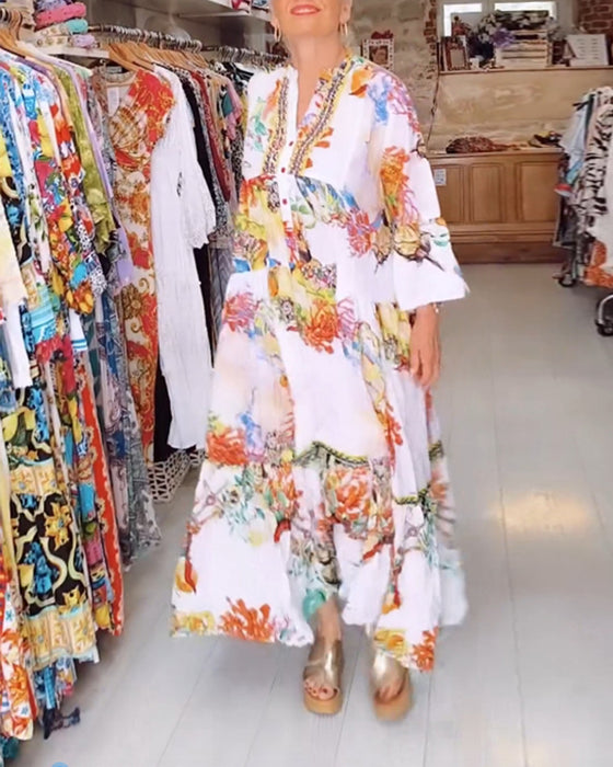 Boho geprinte patchwork jurk met knopen