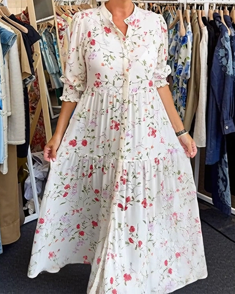 Jurk Stijlvol Bloemen Opstaande Kraag