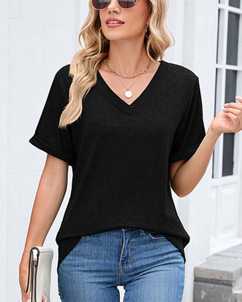T-Shirt Effen V-Hals Casual Korte Mouw