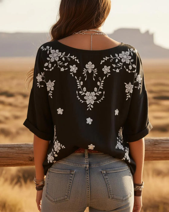 Blouse Ronde Hals Drop Schouder Los Bloemig
