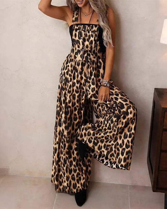Jumpsuit Luipaard Hoge Taille Wijde Pijp Bandjes