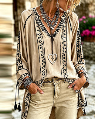 Blouse V-Hals Etnisch Halflange Mouw Relaxed