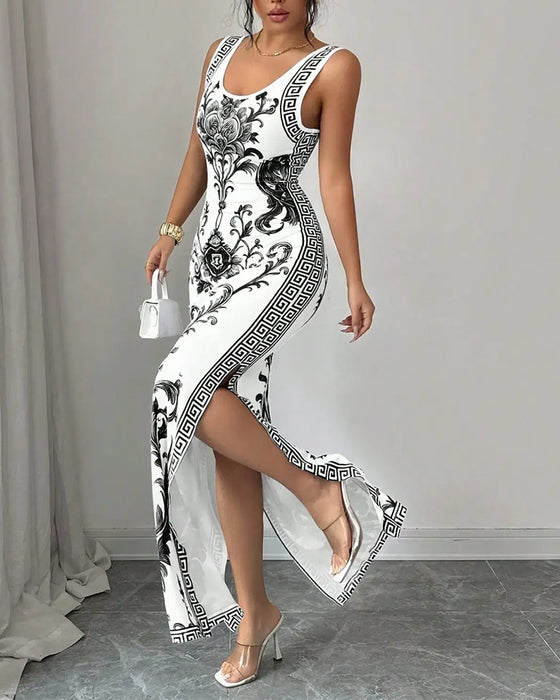 Jurk Porselein Blauw-Wit Mouwloos Split Maxi