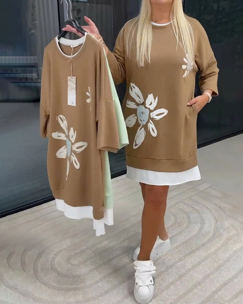 Sweatshirtjurk Ronde Hals Bedrukt Patchwork