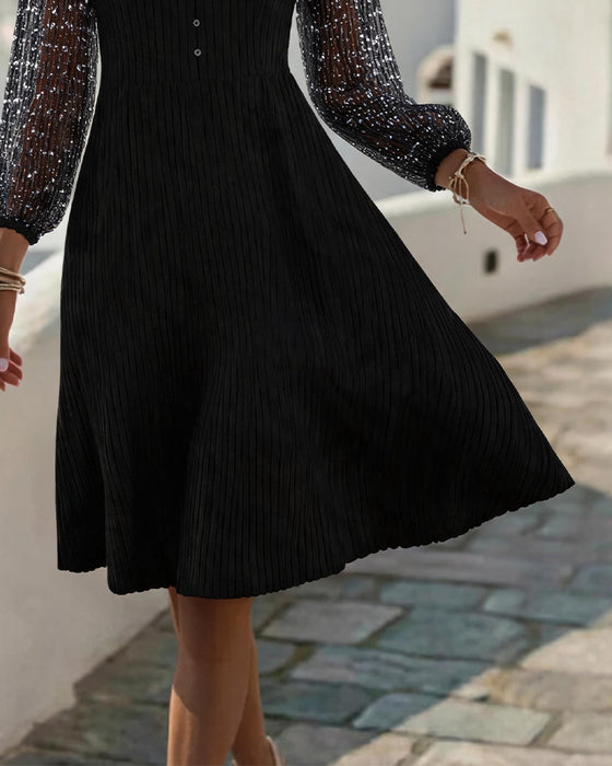 Jurk V-Hals Knoop Kant Patchwork