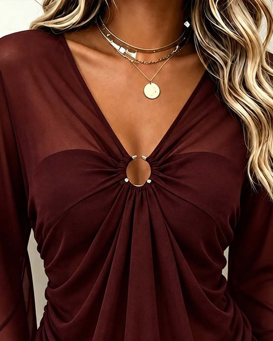 Blouse V-Hals Metalen Ring Twist