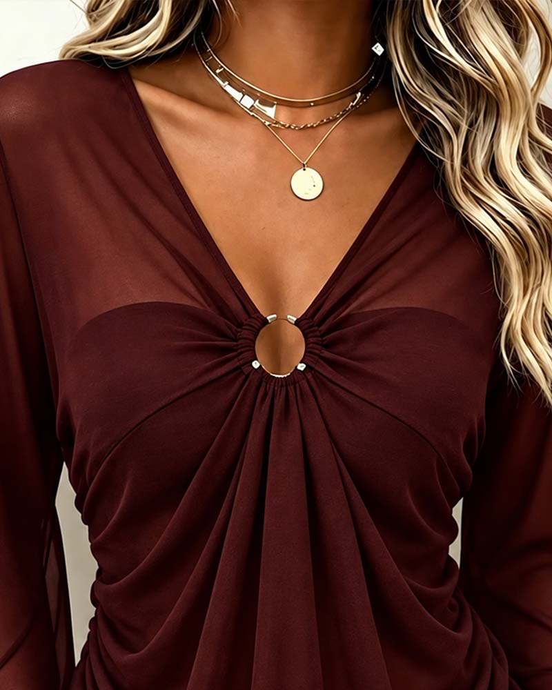 Blouse V-Hals Metalen Ring Twist