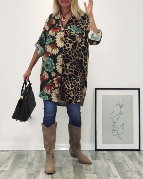 Revers overhemd met patchwork en luipaardprint