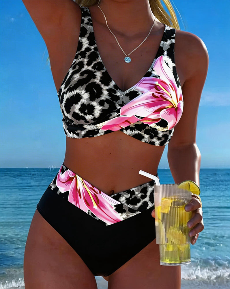 Bikini Luipaardprint Bloemig Contras Kleur