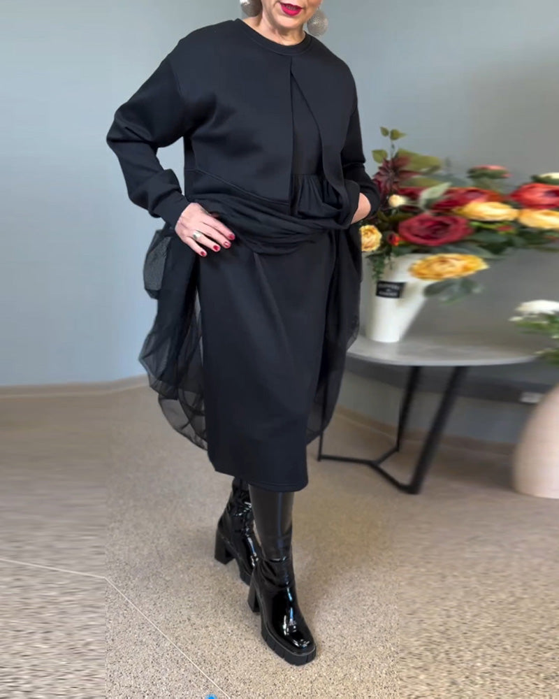 Effen kleur elegante jurk met onregelmatige mesh-stiksels