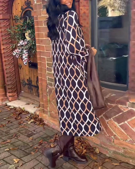 Retro geometrische print V-hals casual jurk