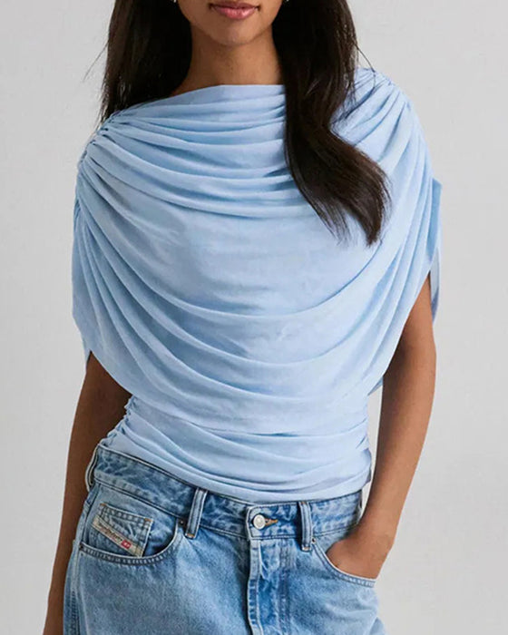 Blouse Mesh Sjaal Hals Gedrapeerd Slim Fit