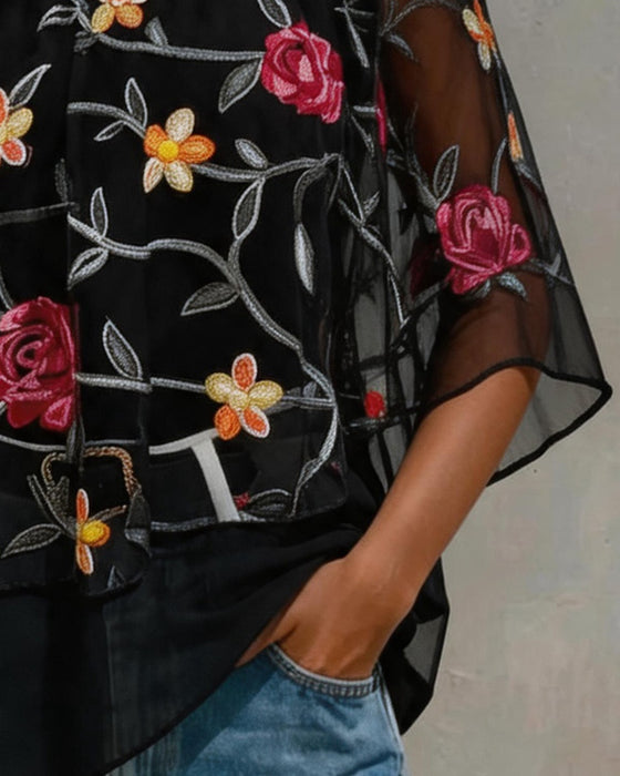 Blouse Mesh Rose Een-Schouder Twist Knoop