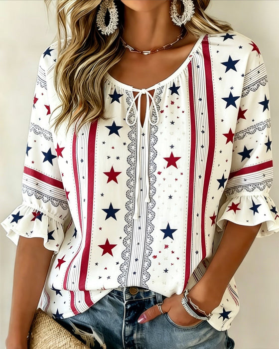 Bedrukte Blouse Met Veters En Ruche Mouwen