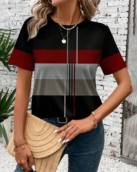 T-Shirt Ronde Hals Geometrische Print Korte Mouw