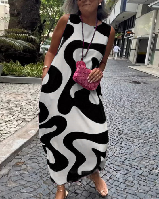 Ronde Hals Mouwloze Jurk Met Geometrische Print