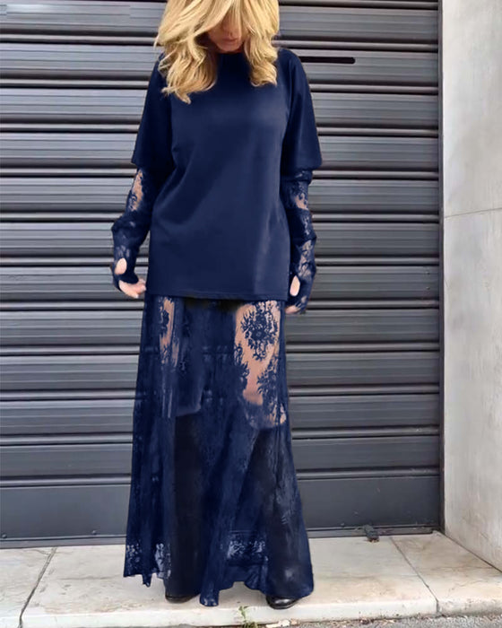 Tweedelige set: effen T-shirt en kanten rok