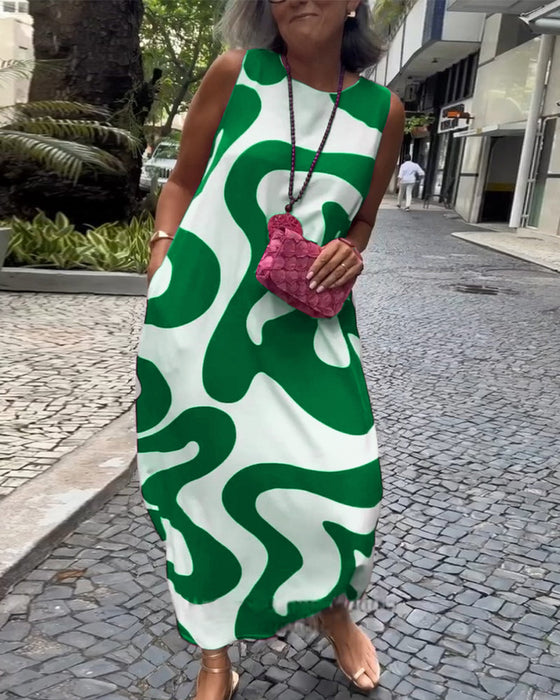 Ronde Hals Mouwloze Jurk Met Geometrische Print