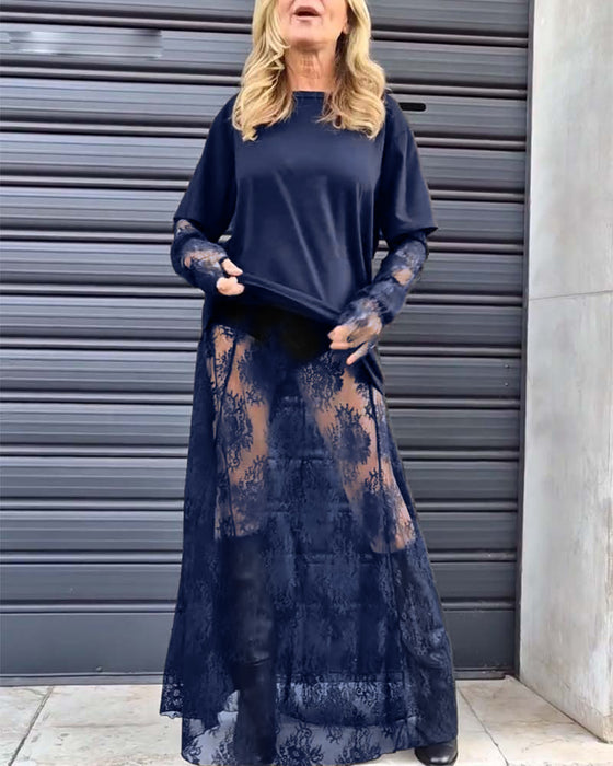 Tweedelige set: effen T-shirt en kanten rok