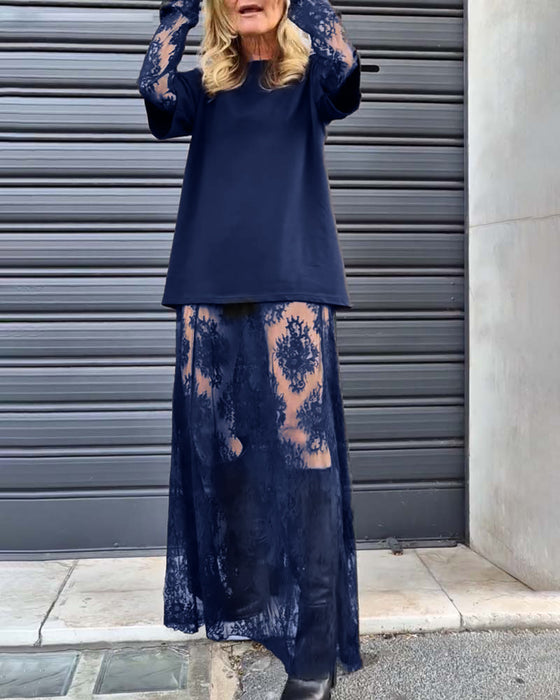 Tweedelige set: effen T-shirt en kanten rok