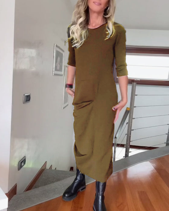 Ronde hals geplooide effen elegante jurk