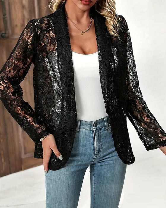 Effen kleur elegante jas met bloemenkant en revers