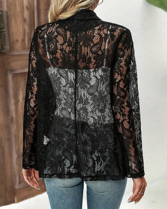 Effen kleur elegante jas met bloemenkant en revers