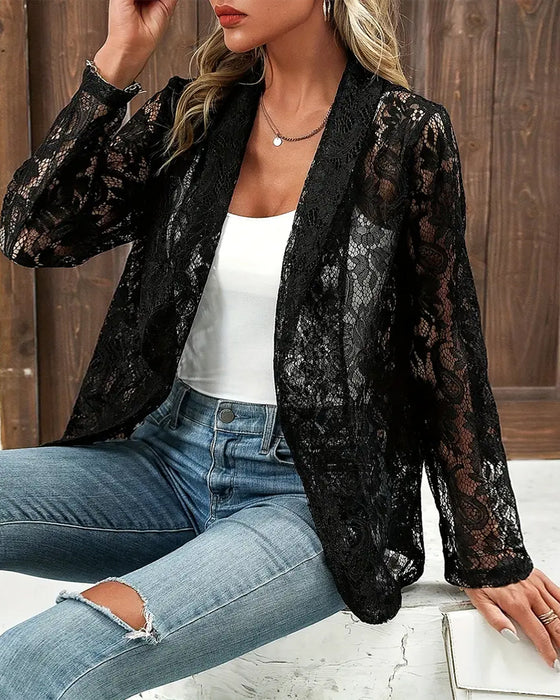 Effen kleur elegante jas met bloemenkant en revers