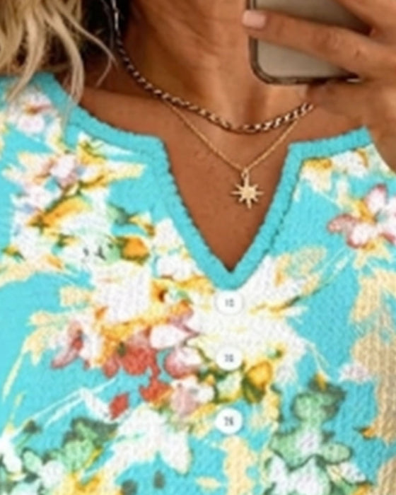 T-Shirt V-Hals Kant Patchwork Bloemen